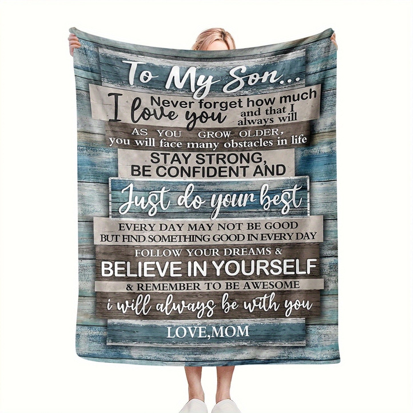 A cozy flannel throw blanket with a vintage-inspired quote, perfect for your son from Mom. This all-season blanket features a soft digital print on knitted polyester, making it versatile for any use. With a loving message woven into the design, this