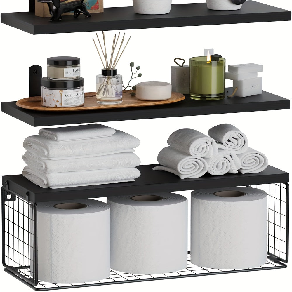 4 Chic Carbon Black Floating Bathroom Shelves with Storage Basket - Easy to Install, Space-Saving Design - Ideal for Stylish Wall Decor & Organizing Essentials, Bathroom Storage