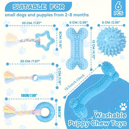 6 piece set of durable, non-toxic rubber chew toys for small dogs and puppies, perfect for teething and teeth cleaning.