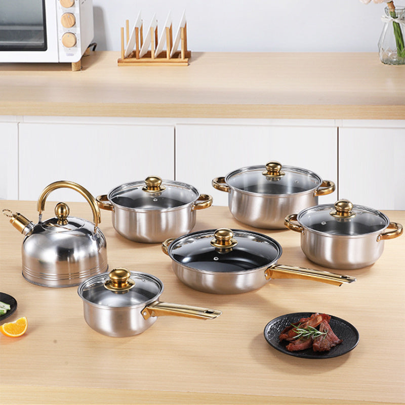 Stainless Steel Cookware Set with 12 Pieces, featuring Golden Handles, Removable Lids, and Interchangeable Pots and Pans for Use on All Stove Types