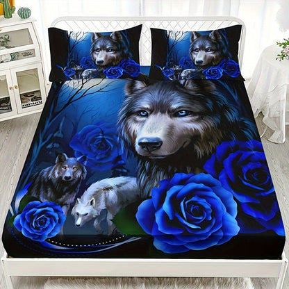 Set of 3 Mystical Wolf & Blue Rose Bedding - Includes Soft, Breathable Polyester Fitted Sheet and Pillowcases, High-Definition Digital Print, All-Season Comfort for Bedroom or Guest Room