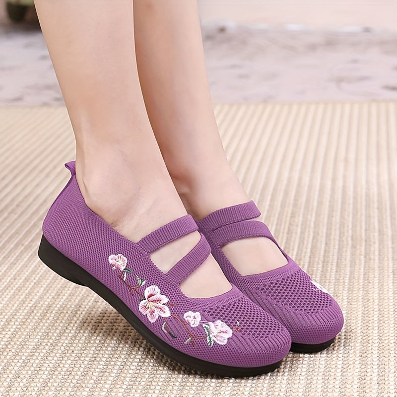 2024 Women's Summer Casual Knit Flats in Purple & Red with Soft Sole & Embroidered Floral Design, Lightweight & Comfortable Textile Footwear