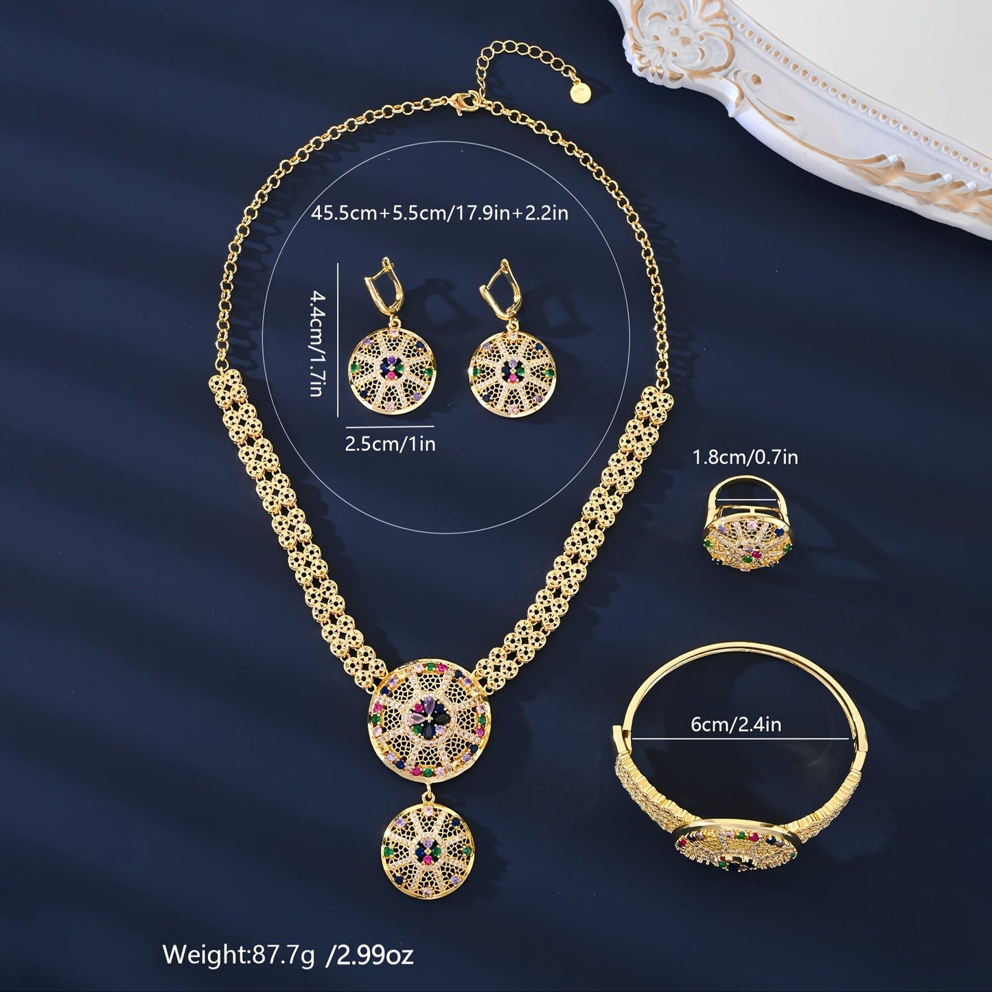 Exquisite 4-Piece Jewelry Set with an Arabian Vintage Touch - Crafted from 18K Gold-Plated Copper adorned with Vibrant Zirconia Stones. Set includes Ring, Earrings, Necklace, and Bracelet - Ideal for Wedding and Festive Occasions