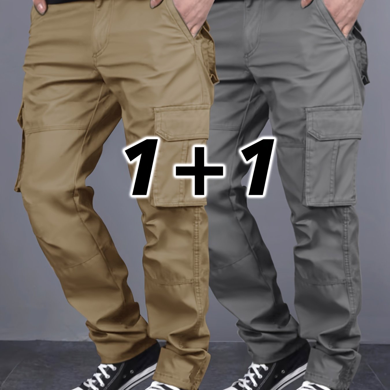 Men's 2-Pack Solid Color Cargo Pants with Multiple Pockets, Regular Fit, Ideal for Outdoor Activities