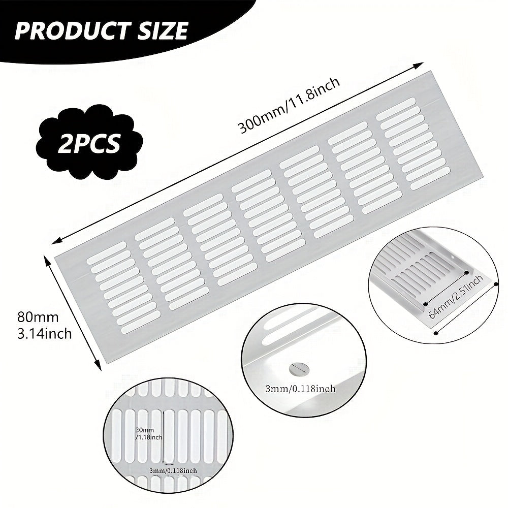 Two pieces of metal kitchen base ventilation grills made from aluminum alloy for cabinets and wardrobes. Each grill measures 300 x 80mm and comes with screws for easy installation on cooking appliances.