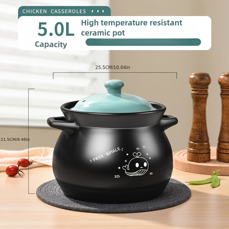 Black whale ceramic slow cooker with a cute design, made from high-temperature heat-resistant earthenware, suitable for use on gas stovetops. Perfect for cooking stews, rice, and soups without the need for a power supply.