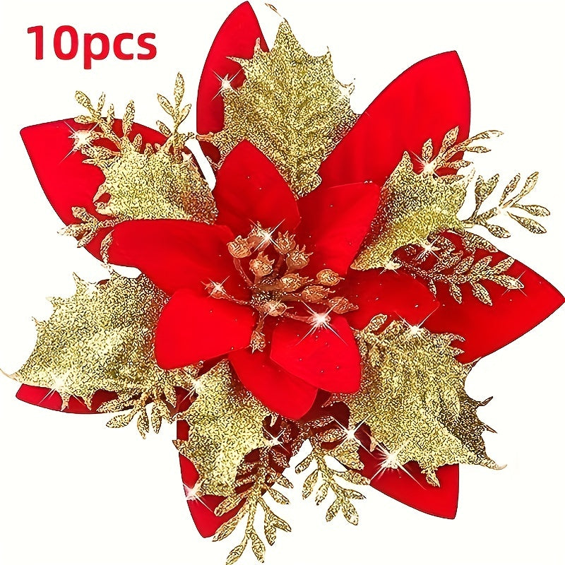 10 golden and silvery artificial Christmas decorations with red flowers, shiny ornaments, tree flower decorations, DIY wreath, holiday grass, and family party decor.