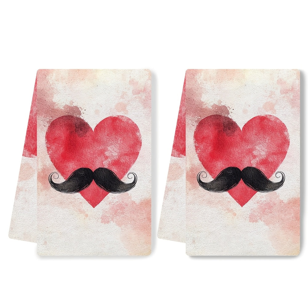 Set of 2 Ultra Soft Kitchen Towels with Fun Heart and Mustache Design, Super Absorbent Polyester Dish Hand Towels, Easy to Clean in Washing Machine, Size 40.64x60.96 cm - Perfect for Valentine's Day Decor and Daily Use in the Kitchen, Dish Towels