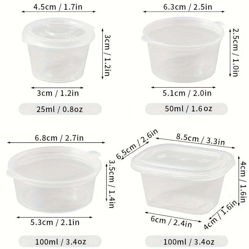 50 transparent disposable sauce boxes for takeout, packaging, and seasoning. These multipurpose food storage boxes come with covers.