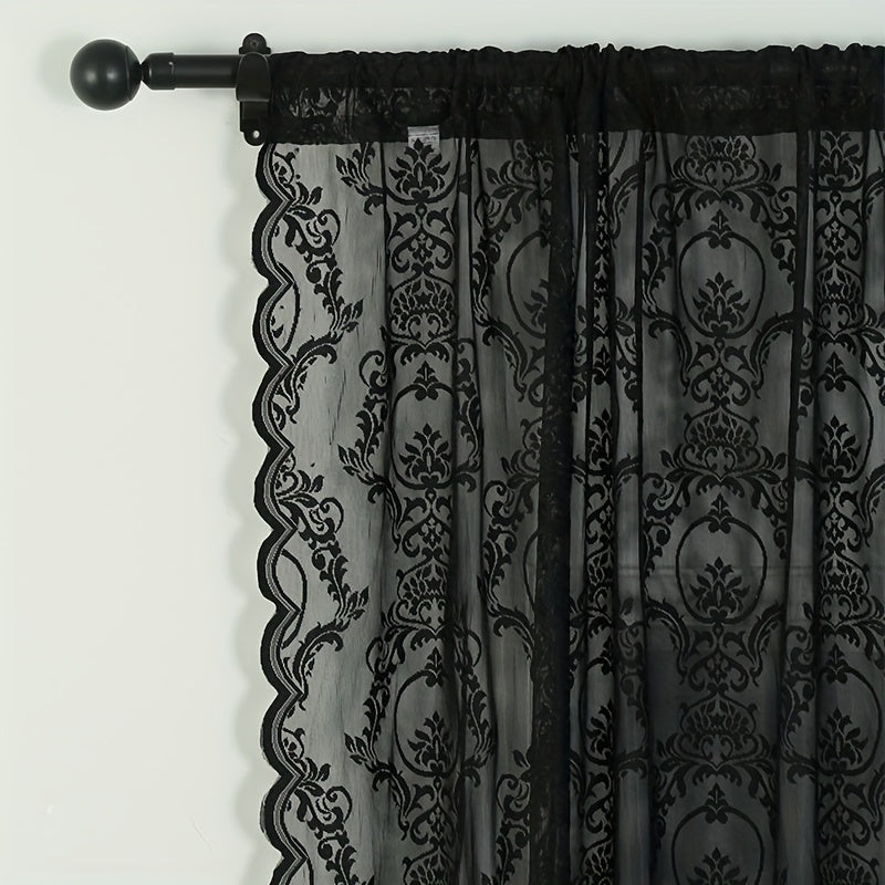 Upgrade your home decor with a sophisticated black lace curtain. Perfect for use in the bedroom, office, kitchen, living room, or study, this rod pocket window treatment will elevate the style and comfort of your home.