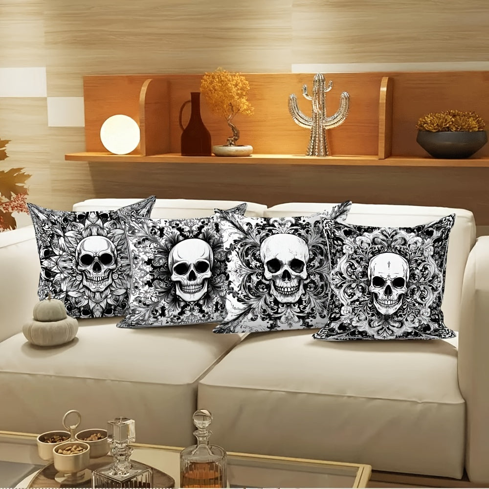 Polyester Gothic Skull Pillow Covers 4-Pack - Featuring Double-Sided Print, Zippered Decorative Cases for Sofa Cushions. Perfect for Halloween & Christmas Decor, Suitable for ages 18 and up. (Insert Not Included) - Item Code: QYH8-281/284