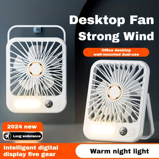 Portable Desktop Fan with Sleek White Design, Foldable 180° Rotation, 5-Speed Rechargeable Battery, LED Night Light, Digital Display - USB Powered, Long-Lasting Lithium Battery for Home Office, Bedroom, Travel, Camping.