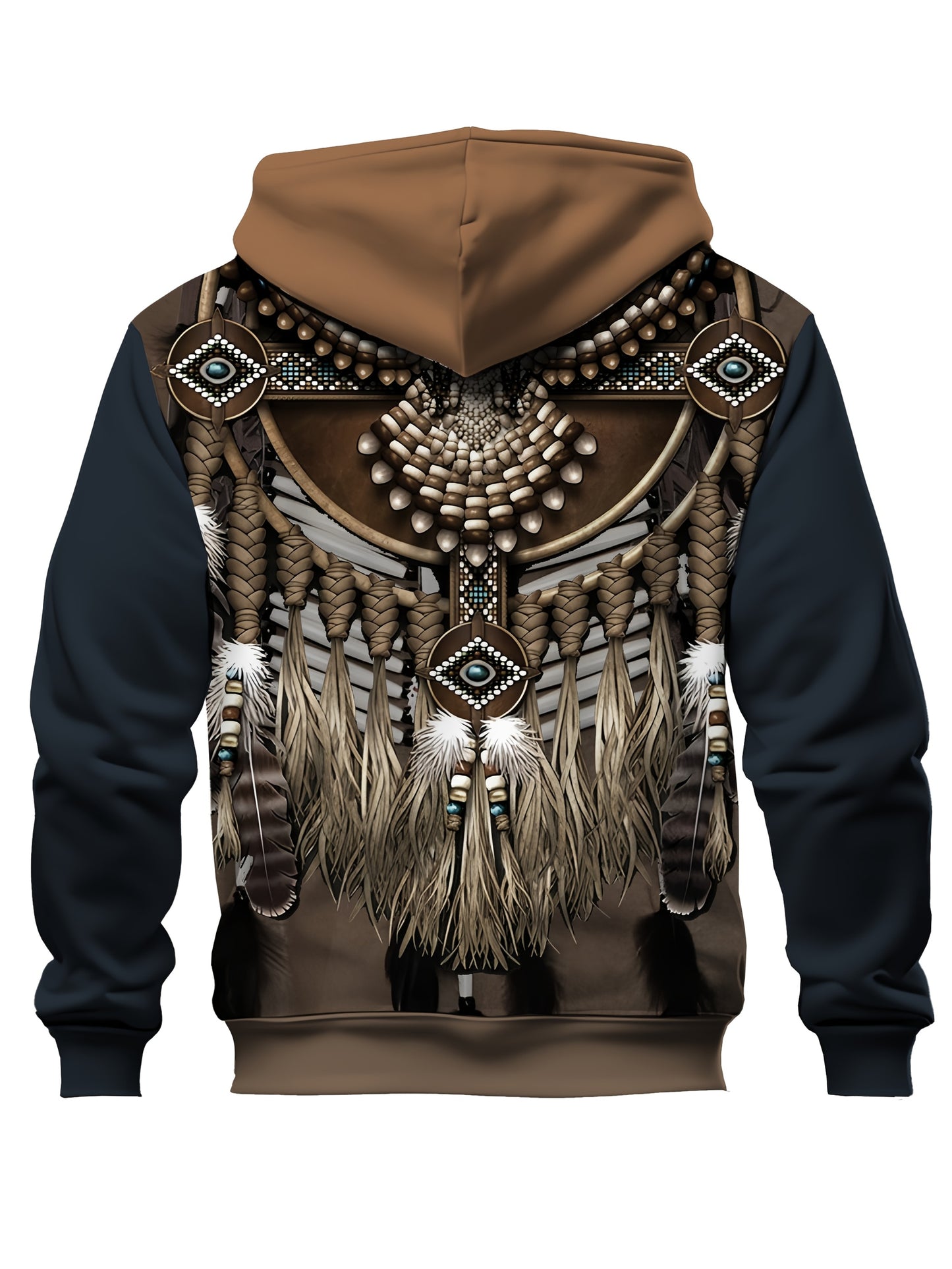 Men's casual zip-up hoodie with ethnic pattern print, kangaroo pocket, polyester fabric, slight stretch, regular fit, plus size.