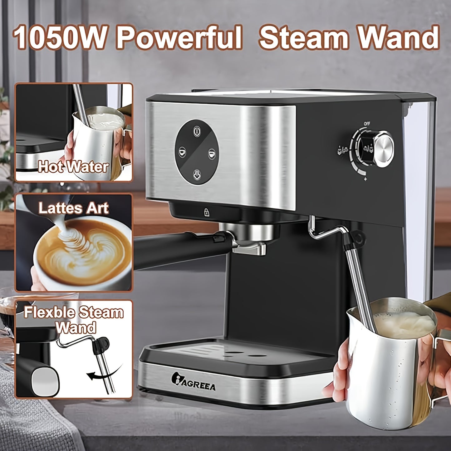 20 Bar Espresso Coffee Machine with Steam Wand, 1.5L Water Tank, Semi-Automatic for Espresso, Latte, and Cappuccino, 1050W, includes FREE Plug Adapter for Winter.