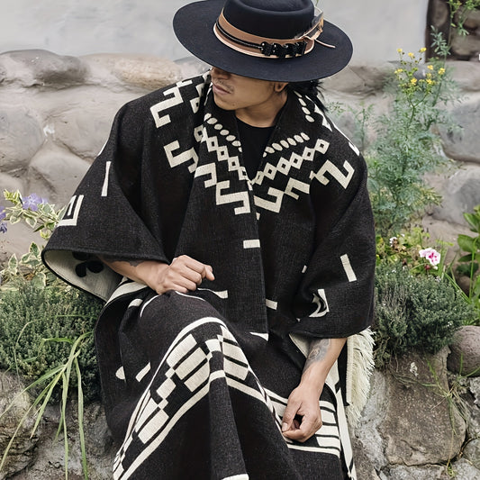 Stay warm and stylish on your outdoor adventures with the MARRYHAPPY Men's Vintage-Style Warm Poncho. This cozy acrylic blend shawl features a geometric pattern, tassel detail, and is perfect for staying comfortable and fashionable in colder weather.