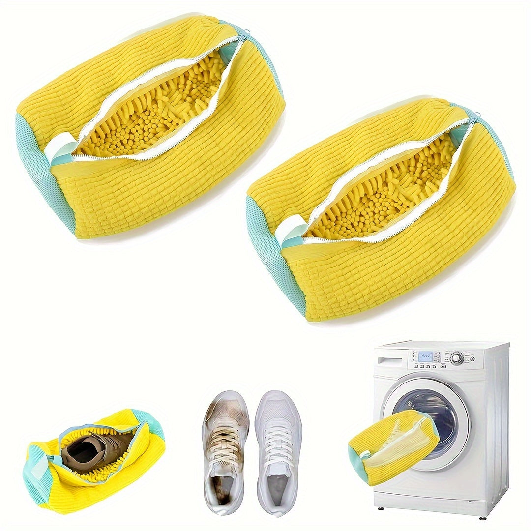 Durable and reusable shoe wash bag, fits all shoes, 360° cleaning, portable for travel laundry, yellow and grey