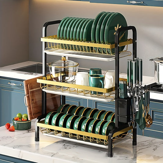 3-Tier Black Dish Drying Rack with Drainboards, Utensil & Cutting Board Holders - Space-Saving Kitchen Counter Organizer.