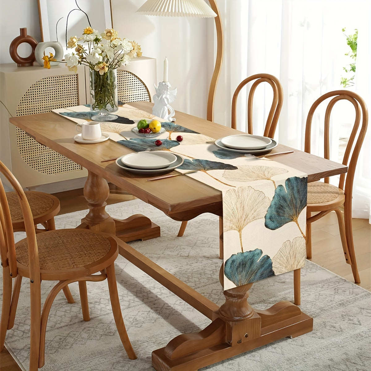 Durable blue green golden ginkgo leaf pattern table runner for rustic farmhouse decor.