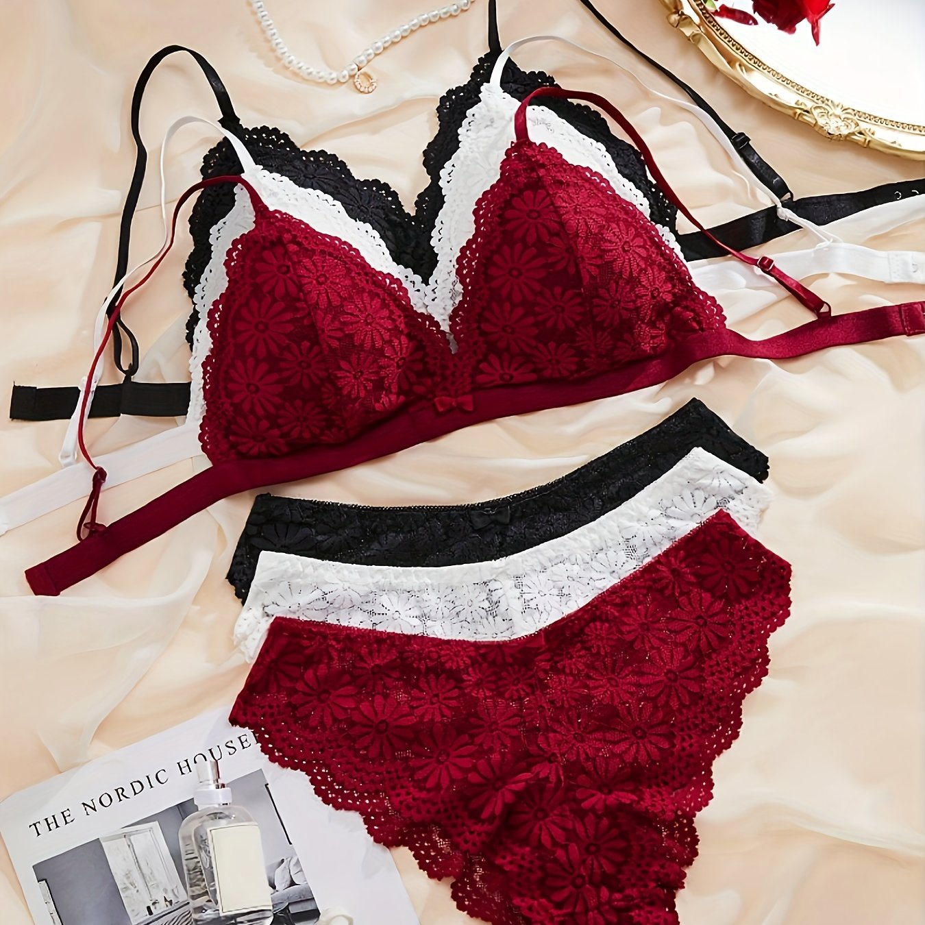 Sexy floral lace bra and panties set with romantic triangle cup design and shell detailing. Made of 90% polyamide and 10% elastane knit fabric for teens. Solid color with contrast lace