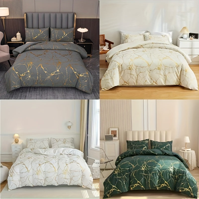 2/3pcs Flocked White Marble Pattern Quilt Cover with Glitter Golden Foil Print Bedding Set, Soft Super Fine Bedding Quilt Cover with 1 Quilt Cover and 1/2 Pillowcase. No filling included.