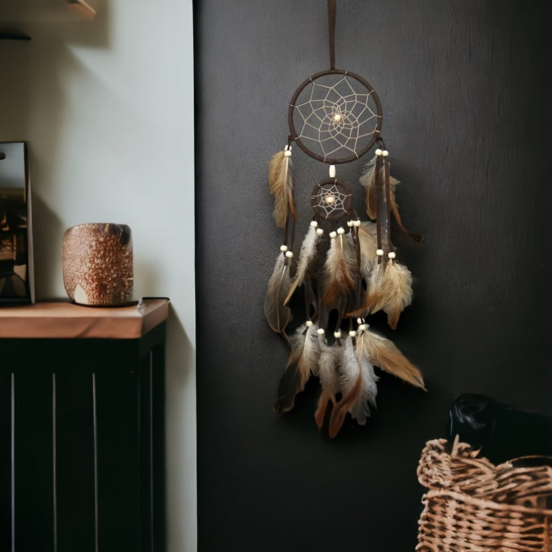 Brown feathered Boho Indian Dream Catcher, 1pc. Fabric wall hanging for wedding decor, bedroom accessory. Wind chime design, no electricity required.