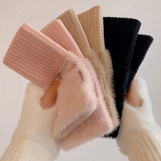 Soft and stylish solid color fingerless gloves made from plush splicing knit material, featuring a thumb hole for added versatility. Keep your hands warm and cozy in the autumn and winter with these coldproof writing gloves.