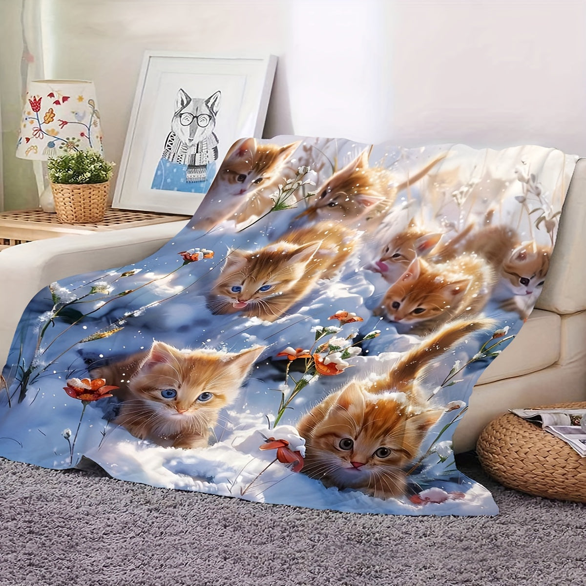 Soft, lightweight, and warm, this cozy flannel throw blanket is adorned with adorable kitten-themed designs. Ideal for staying comfortable on your bed or sofa in any season.