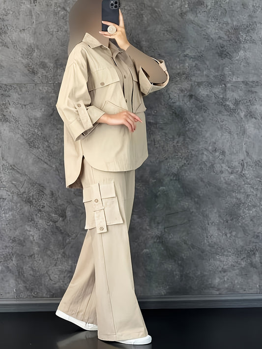 Women's casual polyester blend pantsuit with large pockets, solid color lapel collar top, wide-leg trousers for spring/fall workwear.