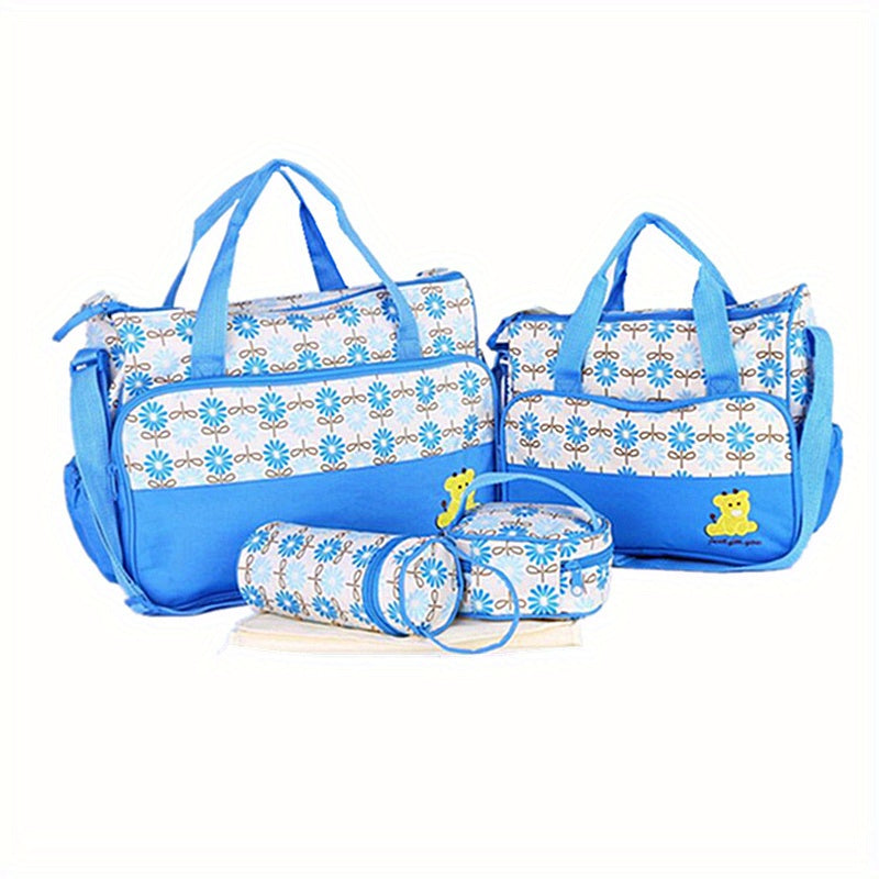 Set of five bags for moms, including a large-capacity one-shoulder hand-held bag, slant cross multi-functional bag, and printed bear diaper bag.