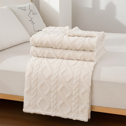 A cozy and versatile blanket with a sweater-like embossed design, perfect for New Year's, Chinese New Year, Valentine's Day, Mother's Day, and back-to-school occasions.