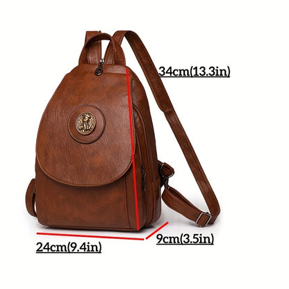 Women's retro-style synthetic leather backpack with adjustable straps, multiple compartments, magnetic closure, and denim design in brown, beige, or black for daily or work use.