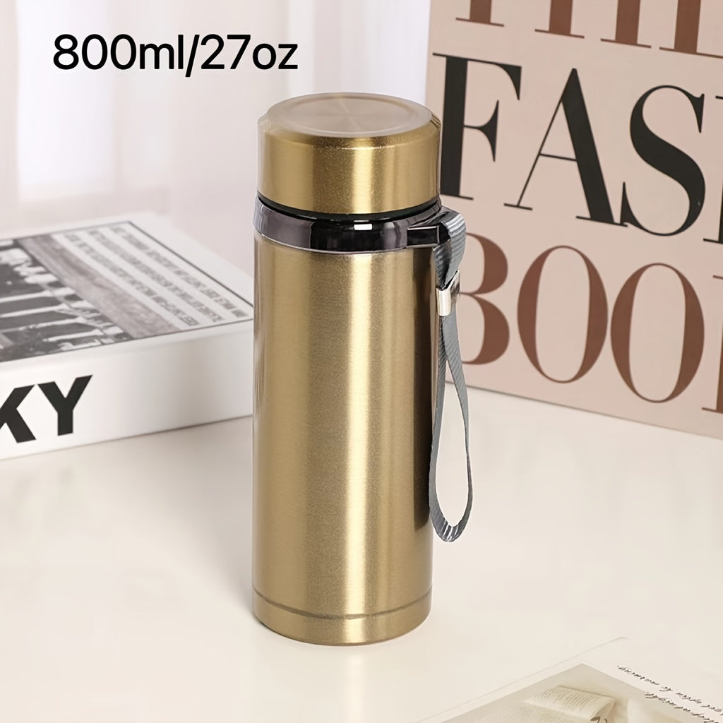 Men's large stainless steel portable travel mug with tea strainer, available for wholesale.