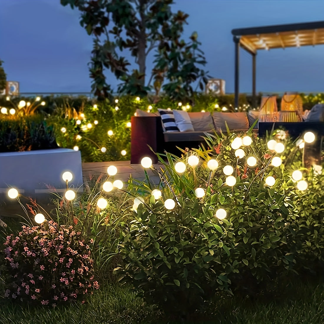 Solar LED firefly lights for outdoor garden decoration, ideal for parties, weddings, and landscapes. Available in packs of 4, 8, or 12 LEDs.