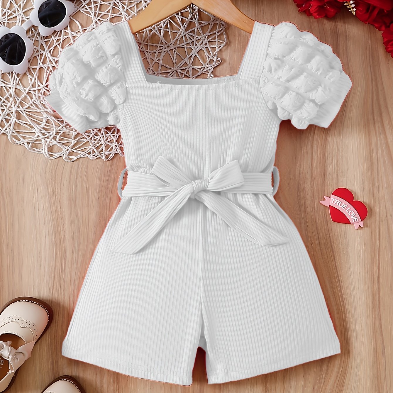 Chic short bubble sleeve romper with belt for Spring/Summer