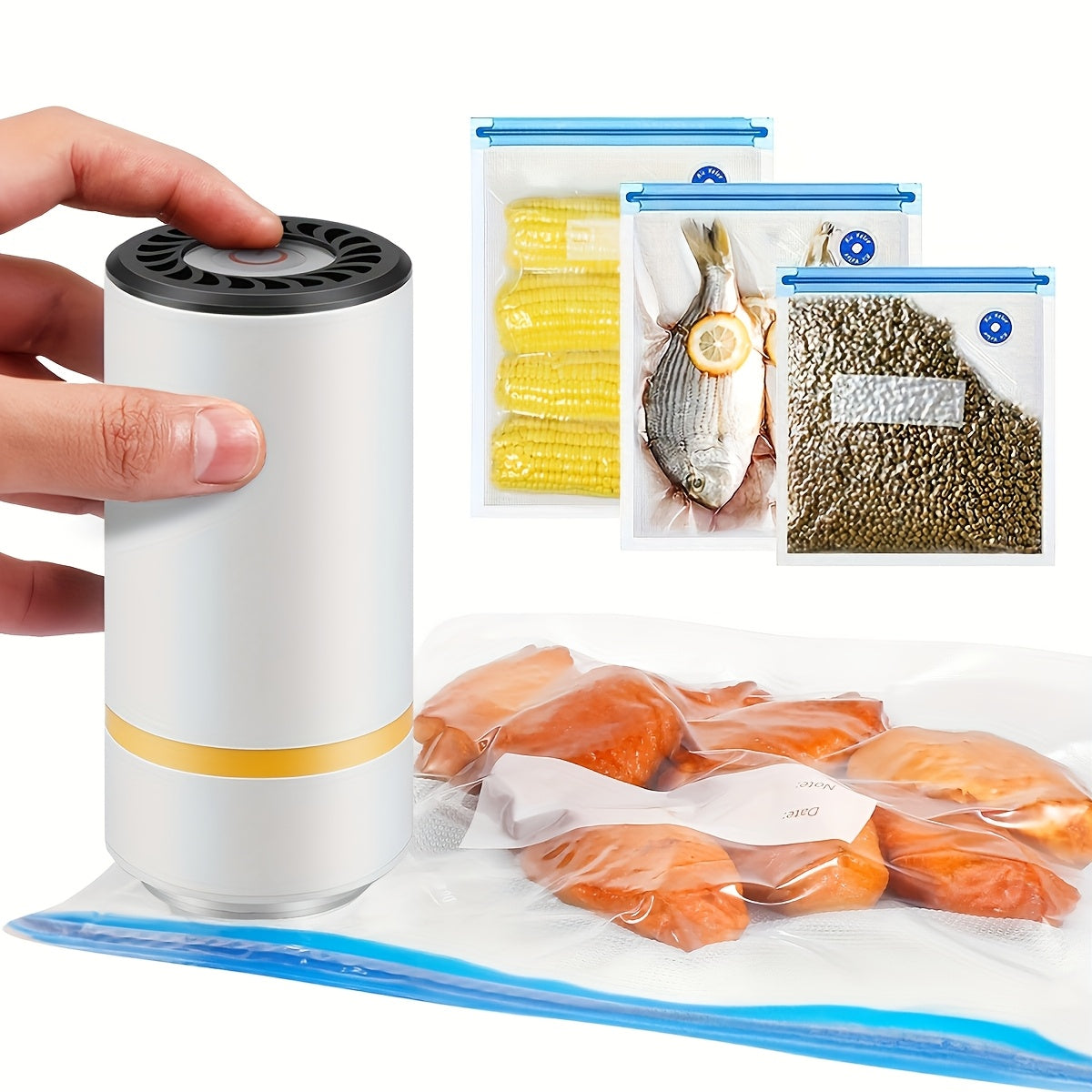 The HOTU Portable 3-in-1 USB Rechargeable Vacuum Sealer is a handheld device that preserves fruits and vegetables, keeping them moisture-proof. Powered by a lithium battery, it is perfect for on-the-go food preservation.