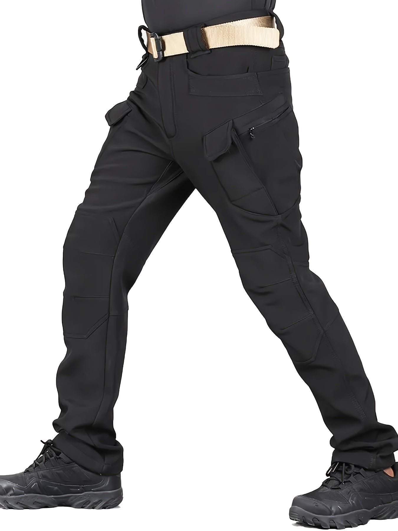 Fleece-lined tactical pants for men, made with warm, durable polyester-spandex blend. Features multiple pockets, adjustable waistband, and casual style for winter outdoor activities.