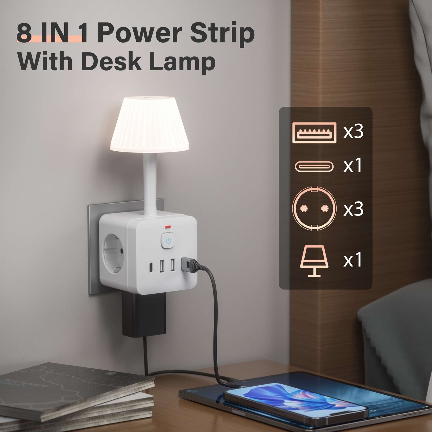 1pc Chiefway LED table lamp with dimmable light, multiple charging ports, power strip, surge protection, on/off switch, European plug, cube shape, 220-240V.