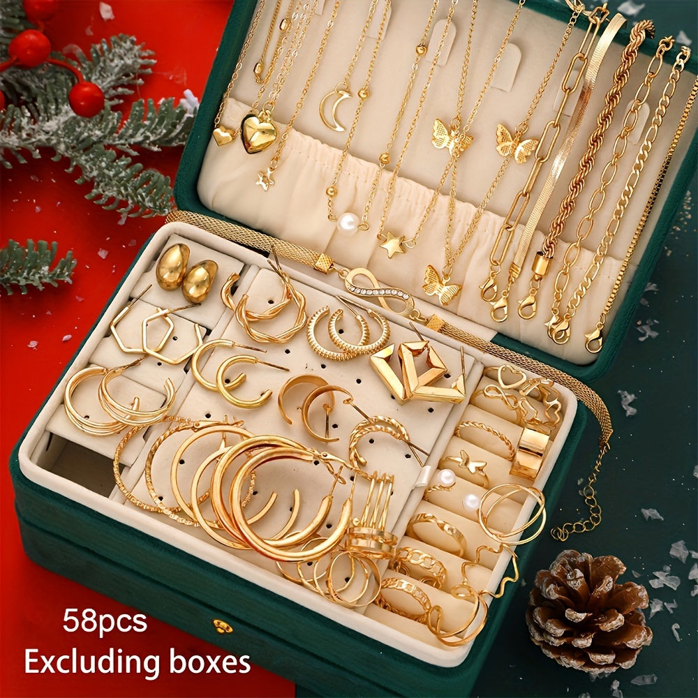 Stylish 58-piece Women's Jewelry Set - Featuring Heart & Butterfly Designs with Faux Pearls & Cubic Zirconia, Necklaces, Earrings, Bracelets, Rings Included - Ideal for Everyday Wear & Gifts, Great for Christmas.