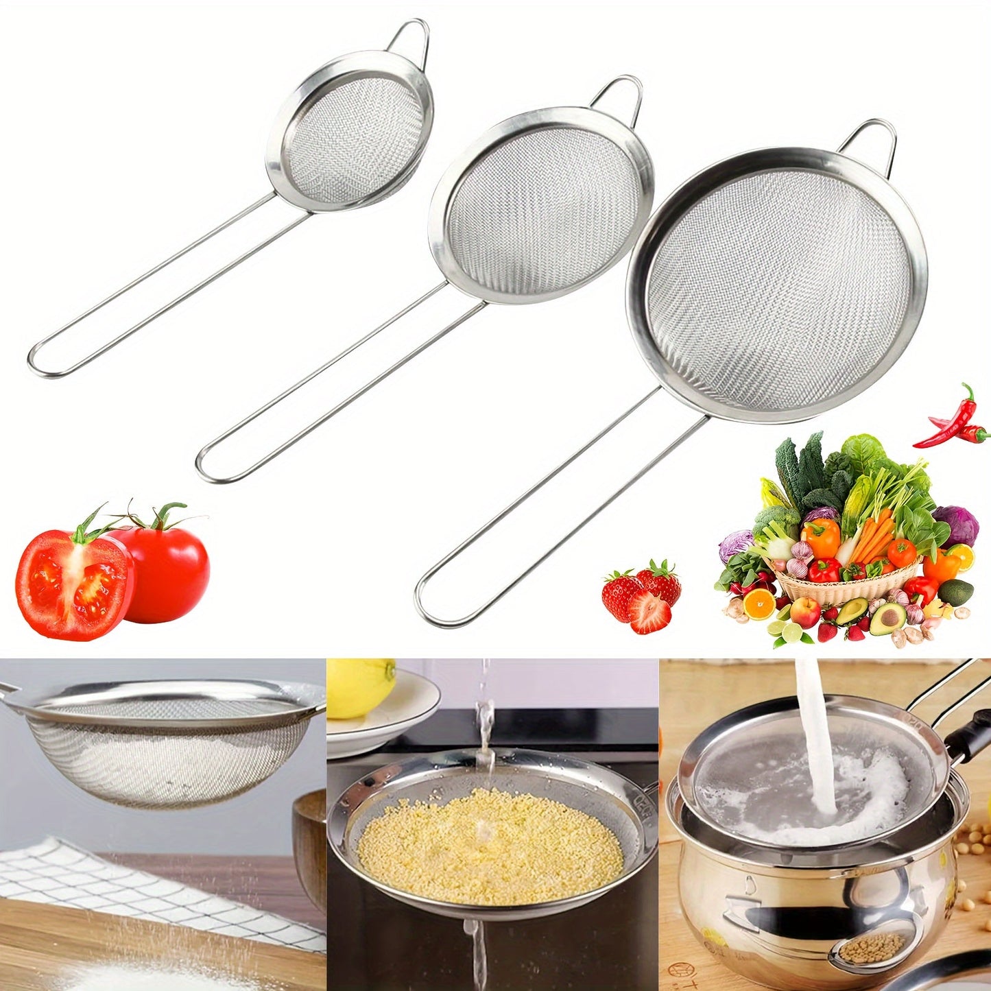 Set of 3 Stainless Steel Fine Mesh Strainers - Ideal for Straining Oil and Sifting Flour, Must-Have Kitchen Tools