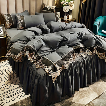 Modern luxury polyester duvet cover set with 2-3 pieces. Solid color with golden lace details. Soft, comfortable, and breathable with zipper closure. Suitable for bedroom, guest room, and