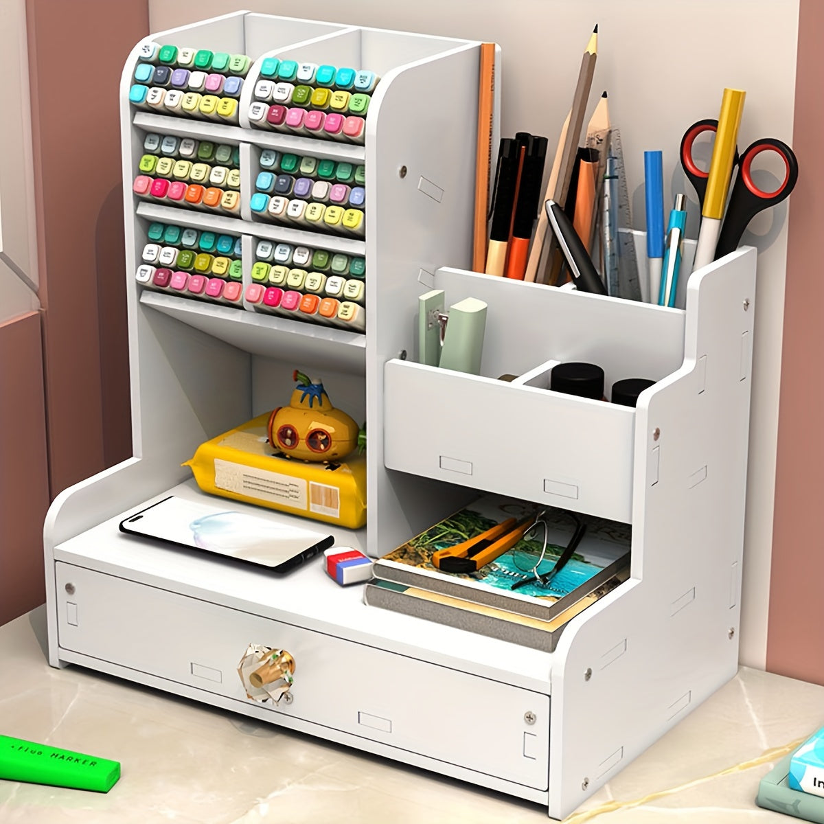 White Desktop Bookshelf with Slant Plug-in Pen Holder, Drawer and Marker Storage Box.