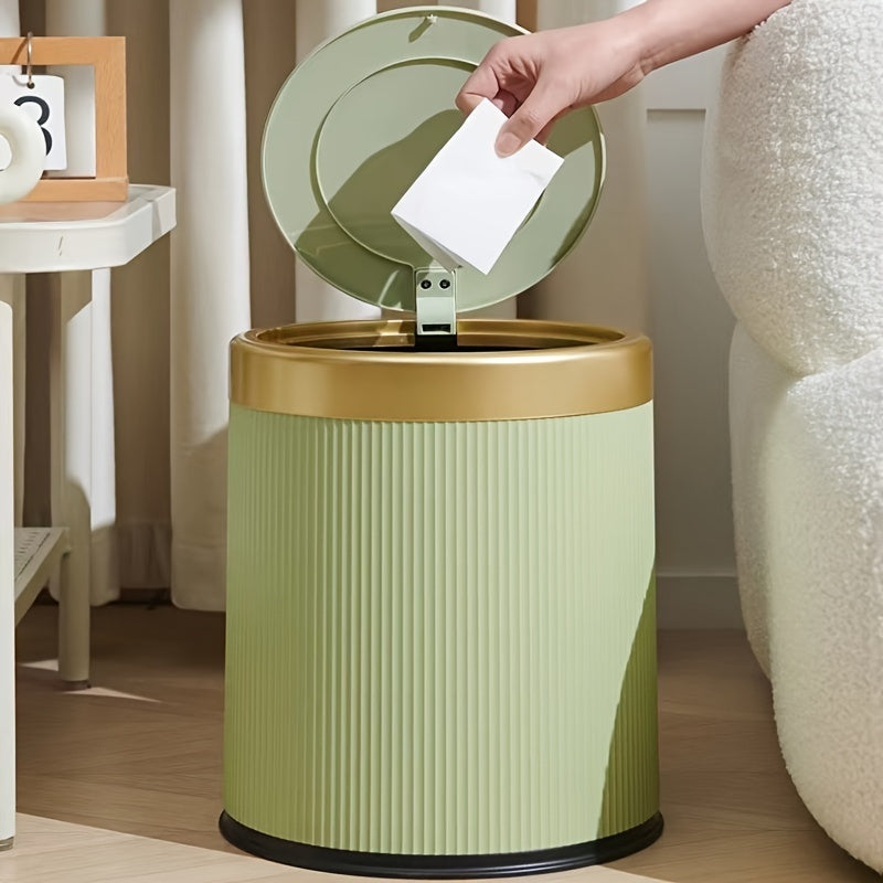 Cylindrical covered trash can for kitchen, bedroom, and living room with manual lifting lid.