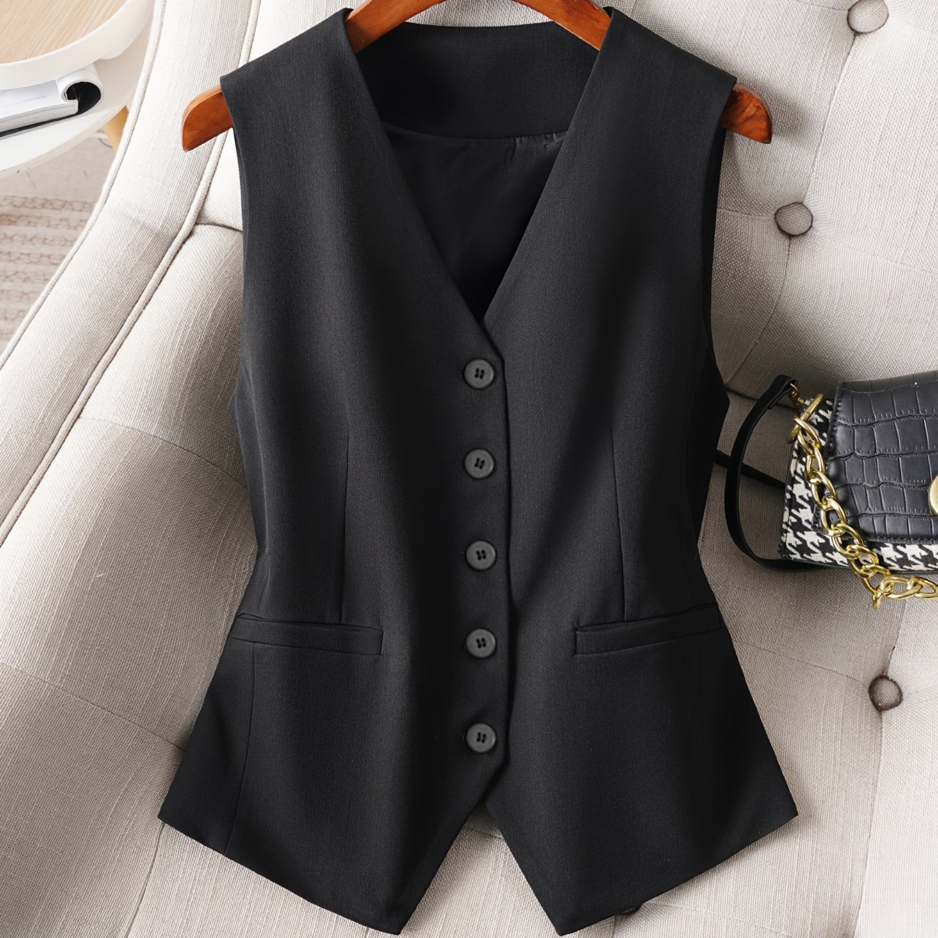 Women's stylish black sleeveless V-neck vest with single-breasted buttons for office and casual wear in fall and spring. Made from polyester fabric, this elegant top is ideal for office