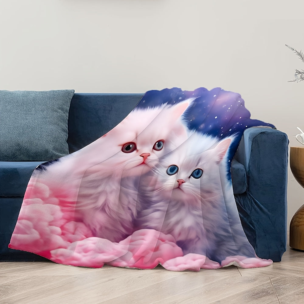 Contemporary geometric-patterned flannel throw blanket featuring a cute cat design - Easy to care for with machine washable and stain-resistant properties. Versatile knit fabric makes it ideal for all seasons, perfect for office, home, or travel. Soft