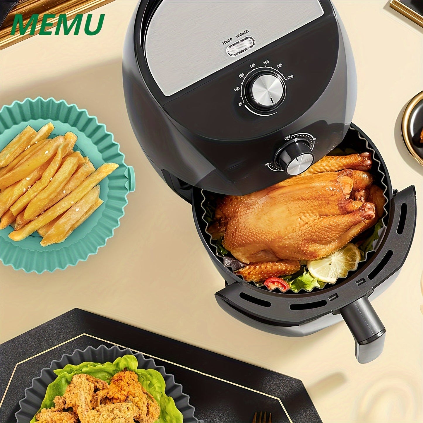 A pair of round silicone air fryer mats that are reusable, dishwasher safe, and can also be used as baking trays. These versatile mats are a must-have kitchen accessory for any home chef.