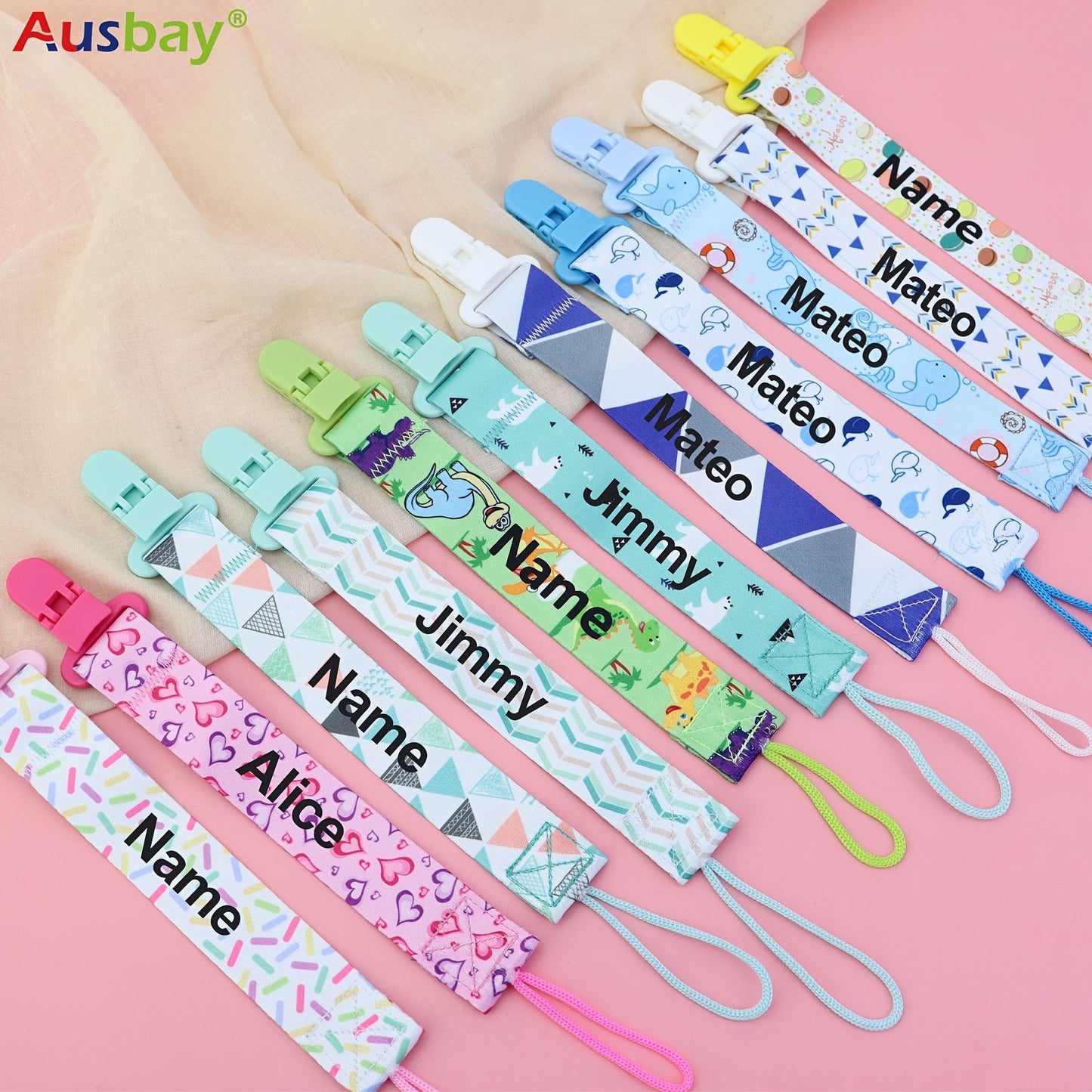 Personalized Pacifier Clip Set with Custom Names for Boys and Girls - Includes 4 Adorable Designs. Handmade and Perfect for Birthdays, Christmas, and Easter Gifts. Personalize Your Baby's Accessories Today!