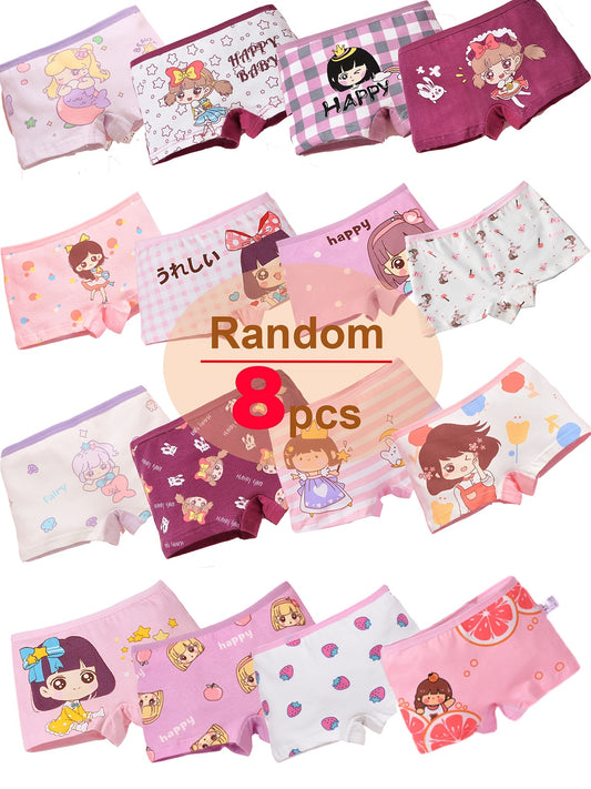 Vifine 8pcs Girls' cute cartoon print briefs, soft cotton underwear for all seasons.