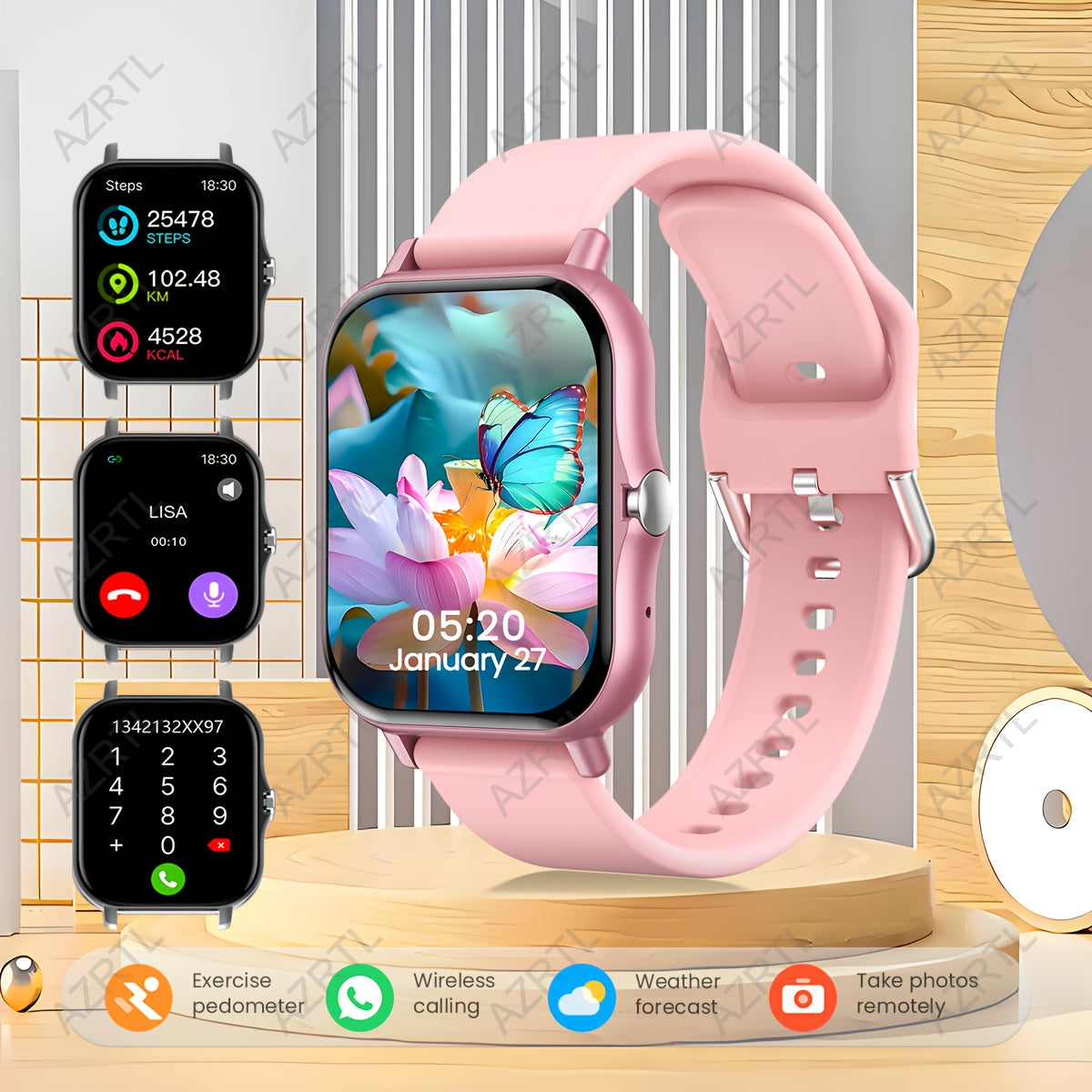 1.83-inch full touch screen smartwatch with call and message function, pedometer, multiple sports modes, compatible with IOS/Android devices. A minimalist style ideal gift for any occasion.