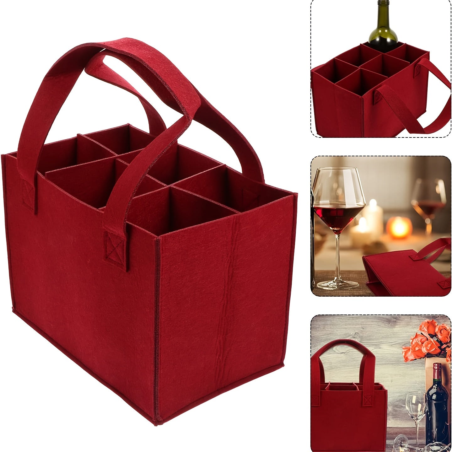 Stylish felt wine and beer bottle tote, holds up to 6 bottles, portable and lightweight, perfect for dinners and travel.