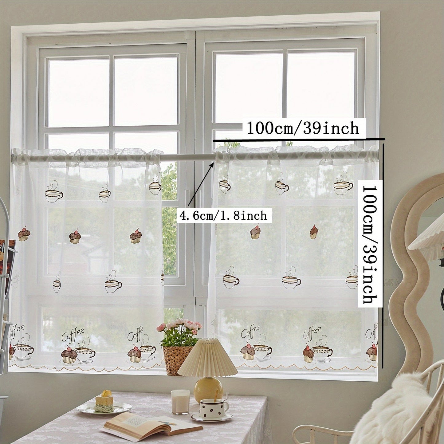 Elegant White Cafe Curtain with Delicate Embroidery - Sheer Fabric, Easy to Hang Rod Pocket for Stylish Kitchen and Living Room Decoration